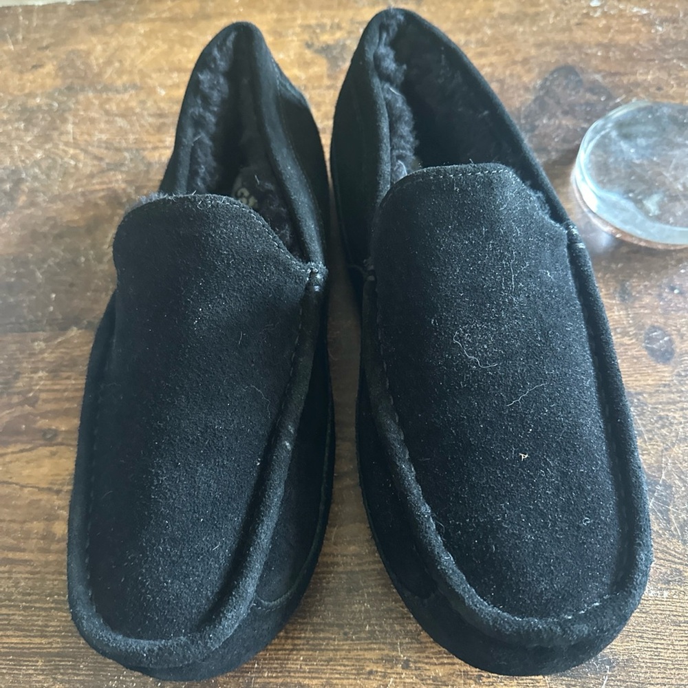 UGG Men Ascot Fur Slippers Sz 12 Wool Lined Leather Moccasin Shoes Black Suede‎ - Picture 3 of 10